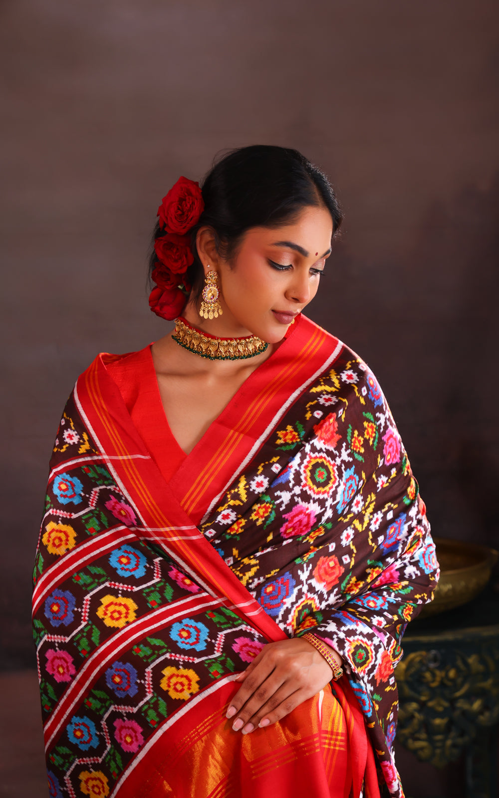 Coffee Brown & Red Patan Patola Silk Saree