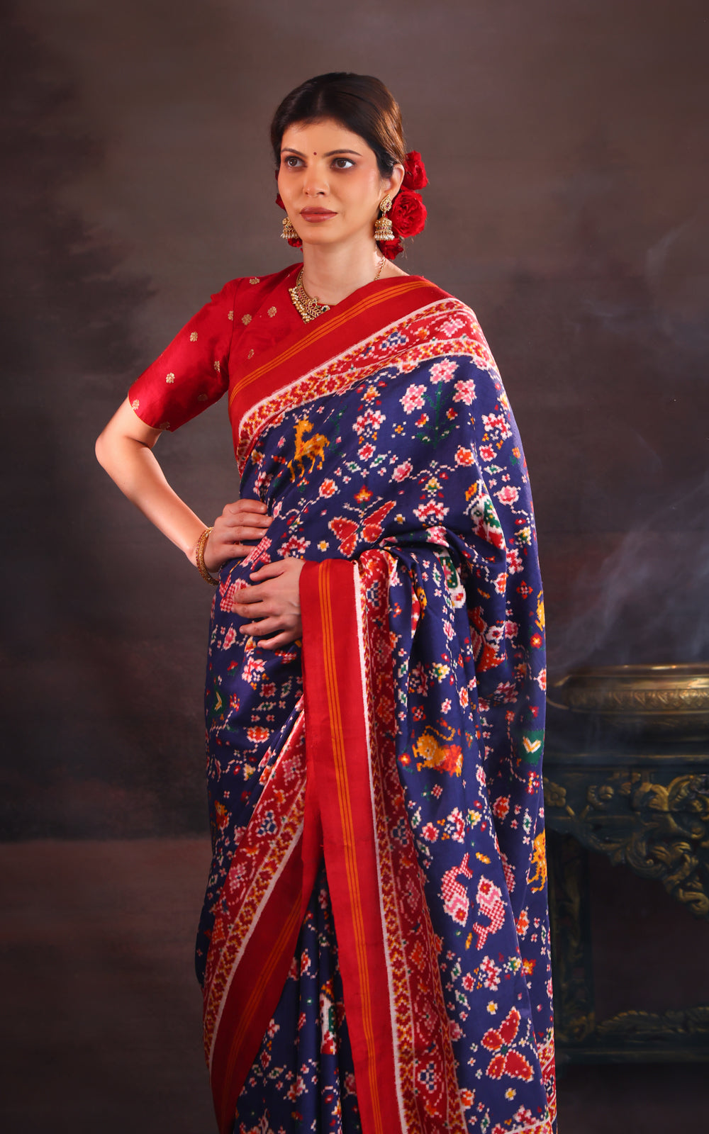 Navy Blue & Red Patan Patola Silk Saree