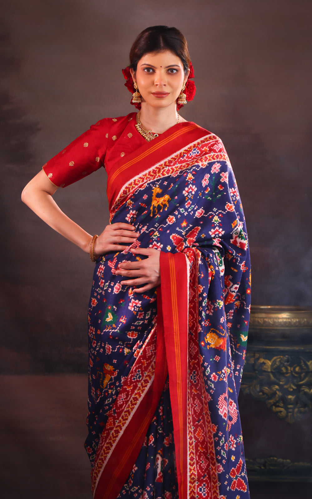 Navy Blue & Red Patan Patola Silk Saree