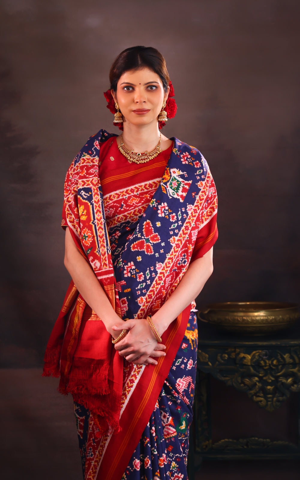 Navy Blue & Red Patan Patola Silk Saree