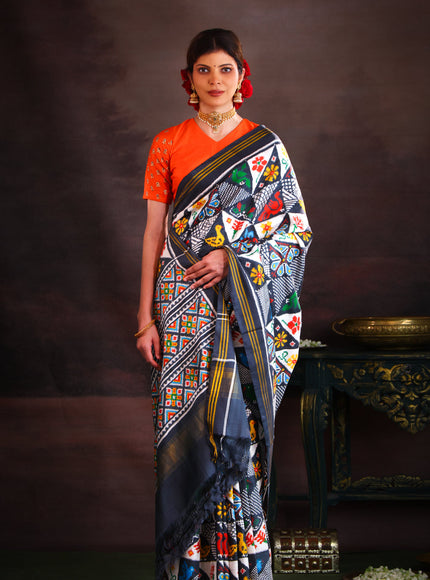 Elephant Grey & Off White Patan Patola Silk Saree