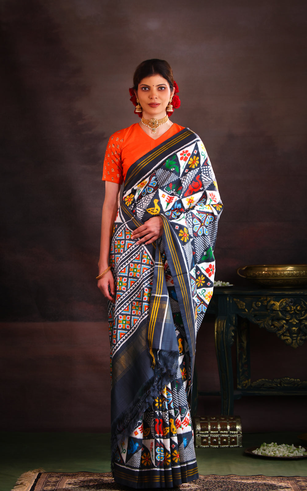 Elephant Grey & Off White Patan Patola Silk Saree