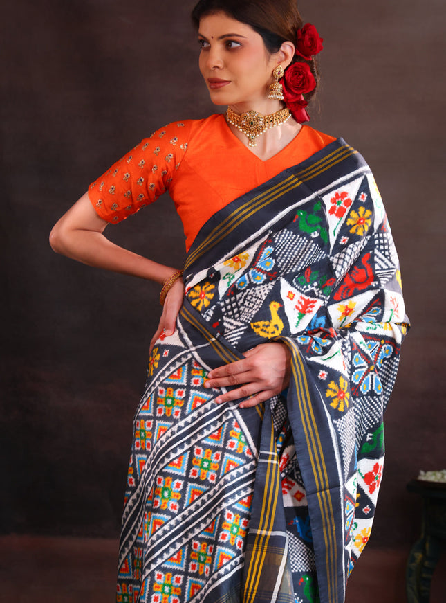 Elephant Grey & Off White Patan Patola Silk Saree