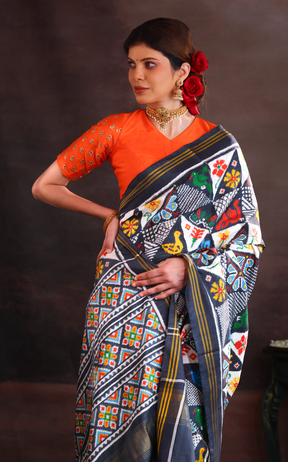 Elephant Grey & Off White Patan Patola Silk Saree