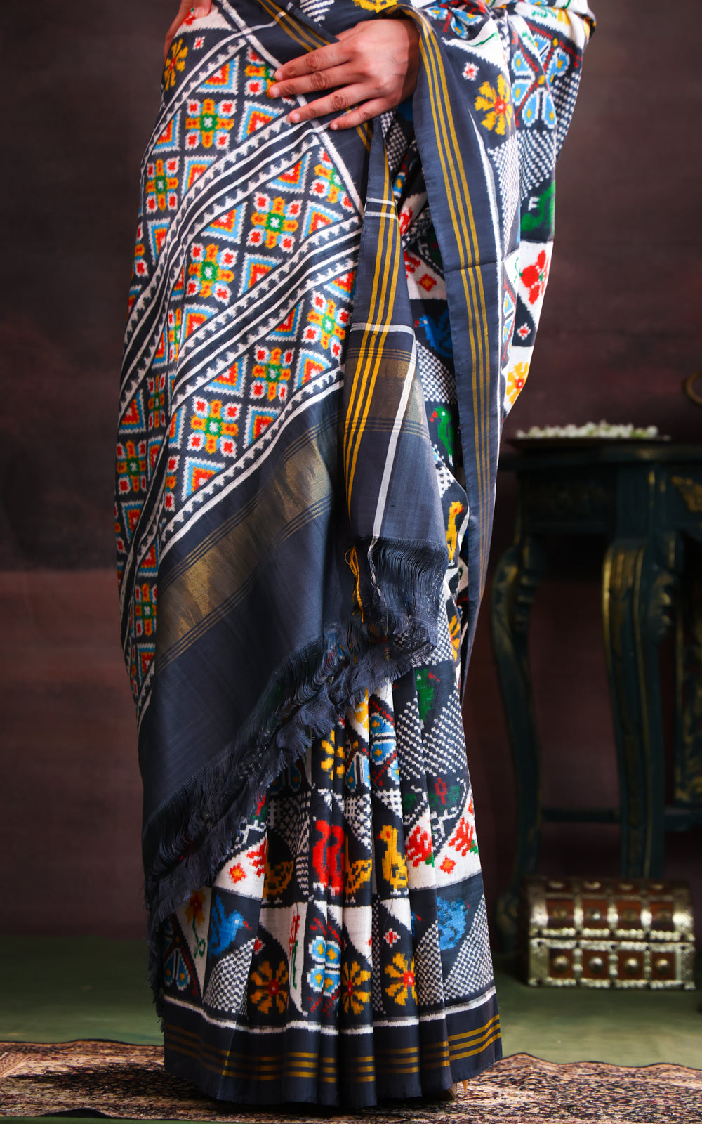 Elephant Grey & Off White Patan Patola Silk Saree