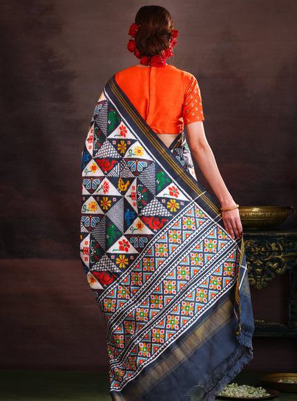 Elephant Grey & Off White Patan Patola Silk Saree