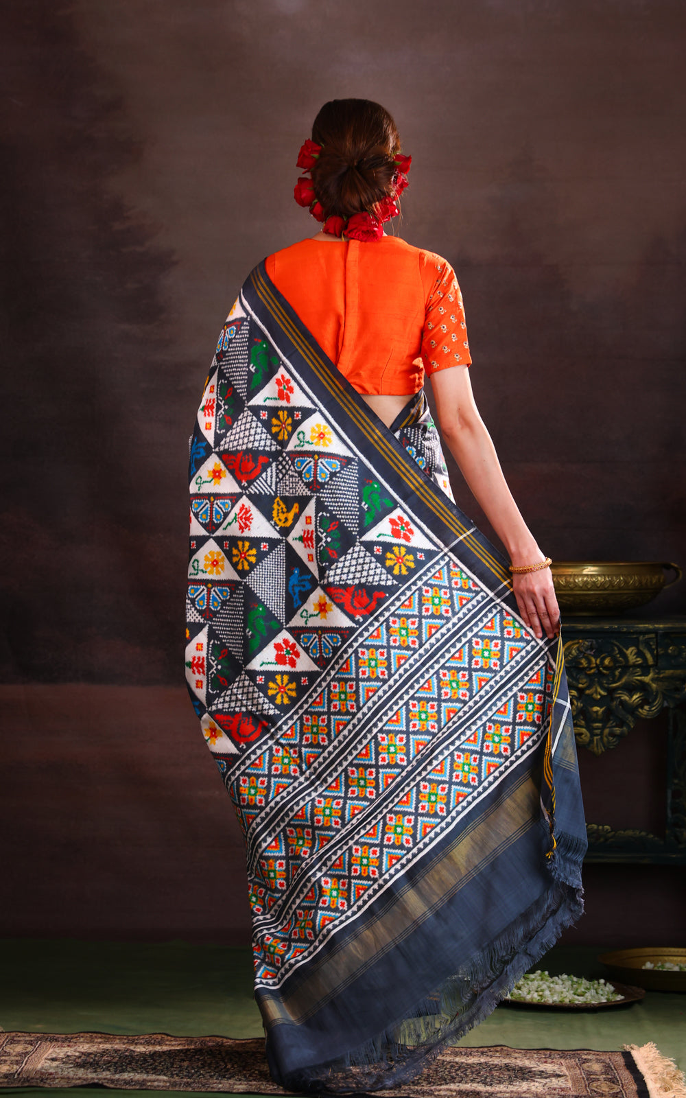 Elephant Grey & Off White Patan Patola Silk Saree