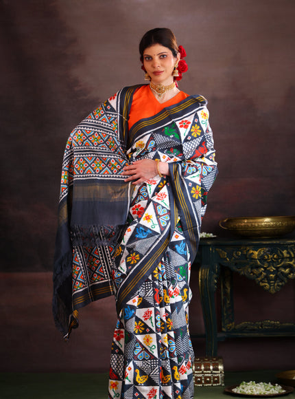 Elephant Grey & Off White Patan Patola Silk Saree