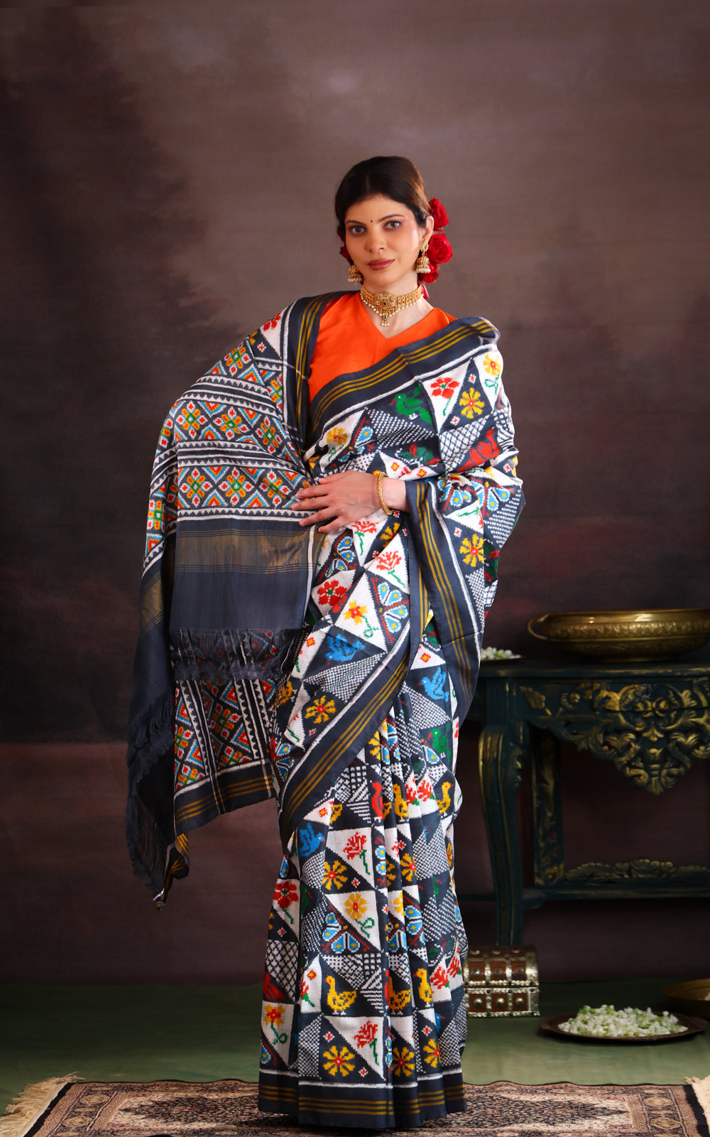 Elephant Grey & Off White Patan Patola Silk Saree