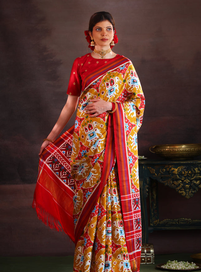 Mustard Shade & Red Patan Patola Silk Saree