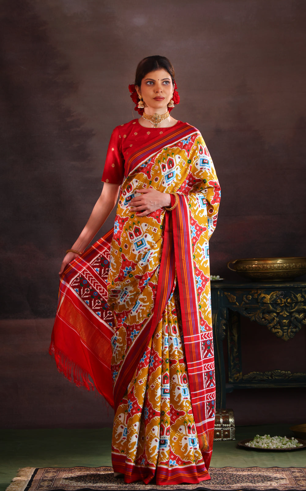 Mustard Shade & Red Patan Patola Silk Saree