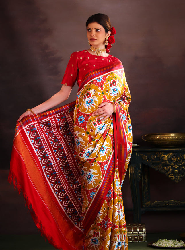 Mustard Shade & Red Patan Patola Silk Saree