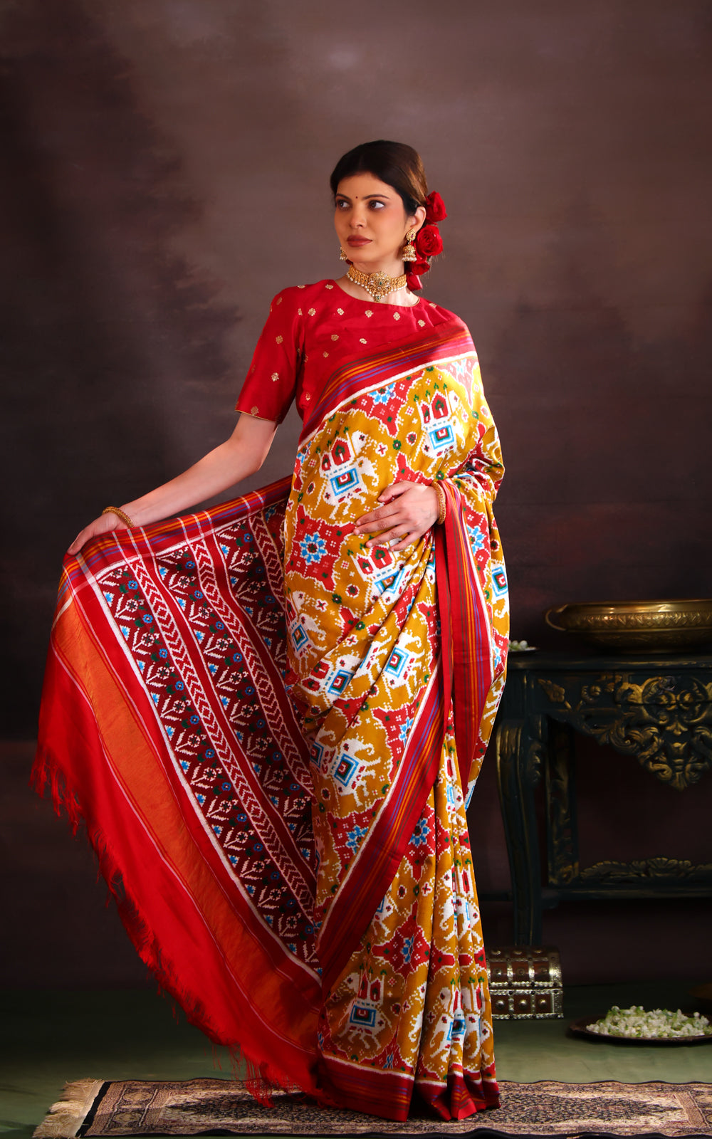 Mustard Shade & Red Patan Patola Silk Saree
