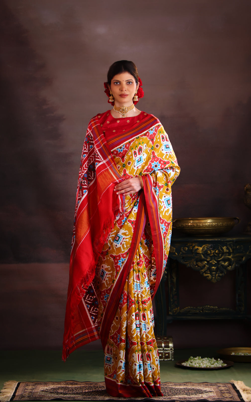 Mustard Shade & Red Patan Patola Silk Saree