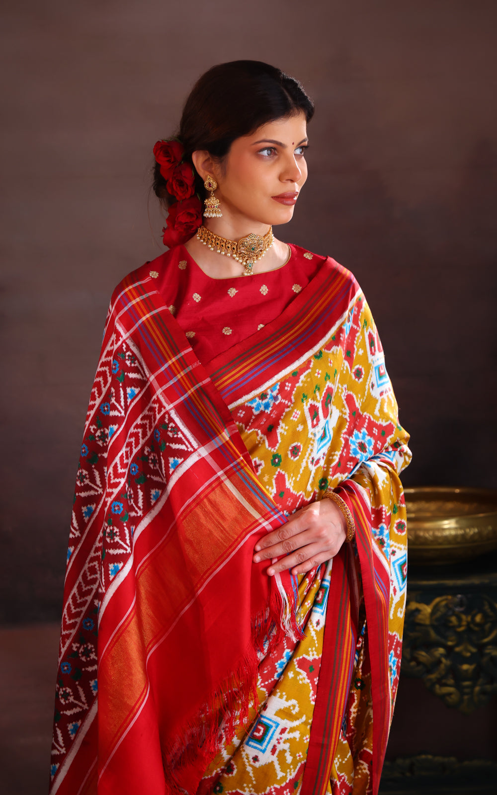 Mustard Shade & Red Patan Patola Silk Saree