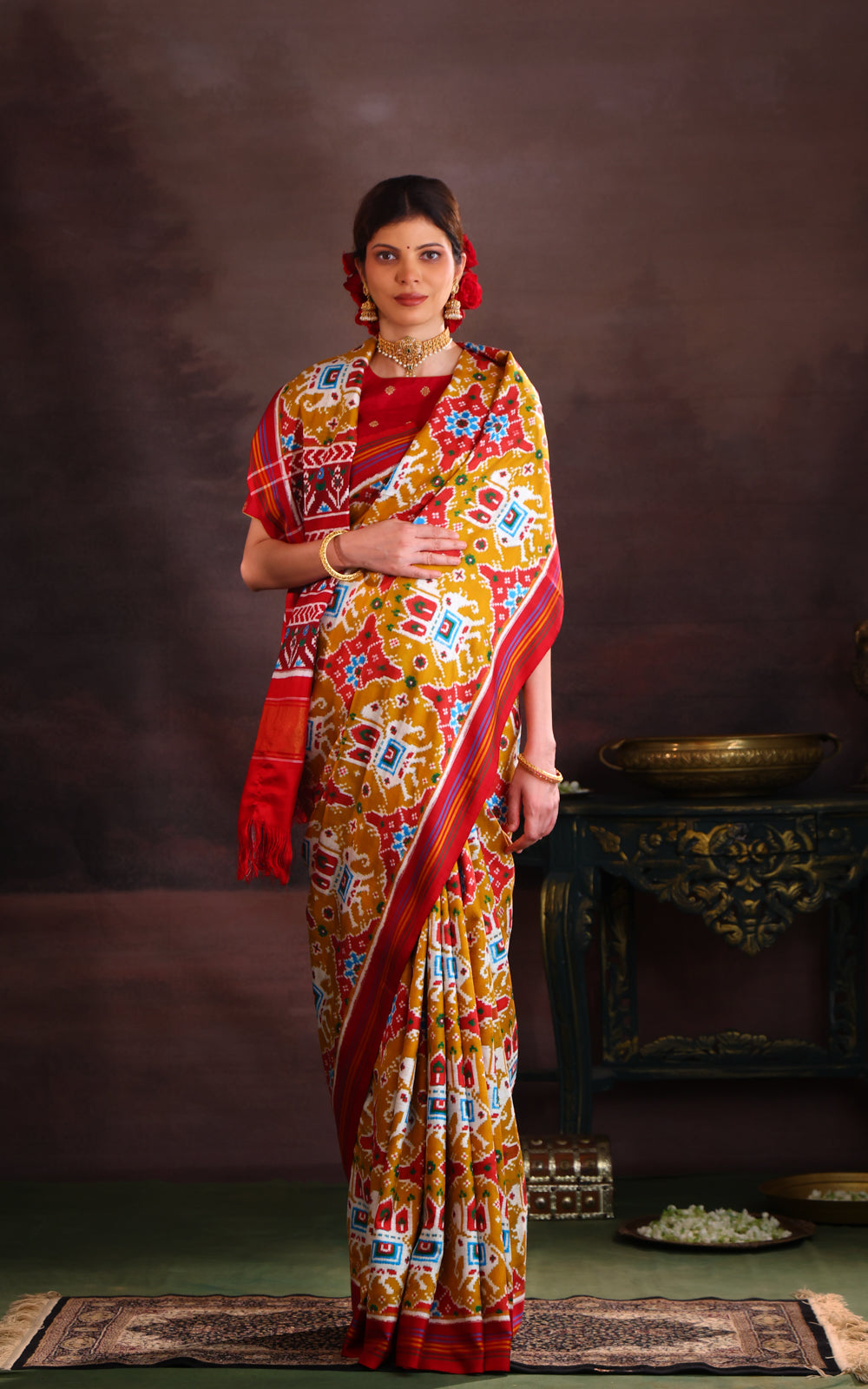 Mustard Shade & Red Patan Patola Silk Saree