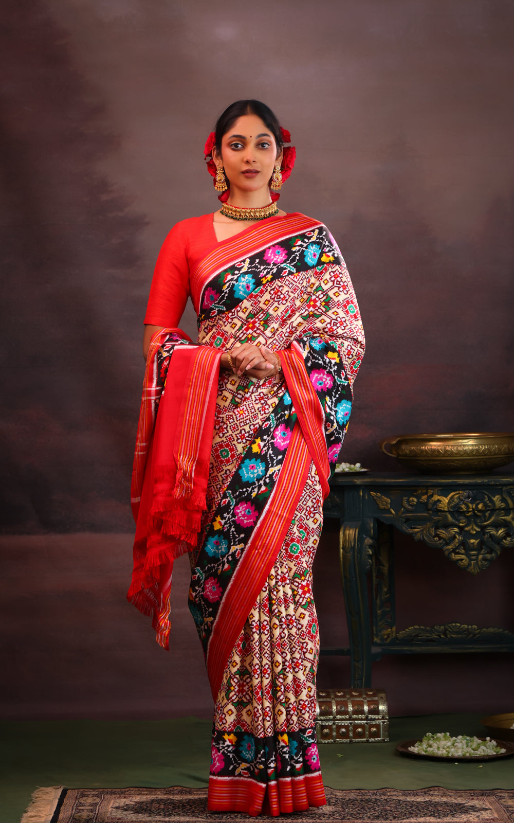 Cream & Red Patan Patola Silk Saree