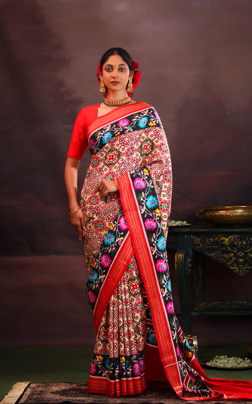 Cream & Red Patan Patola Silk Saree