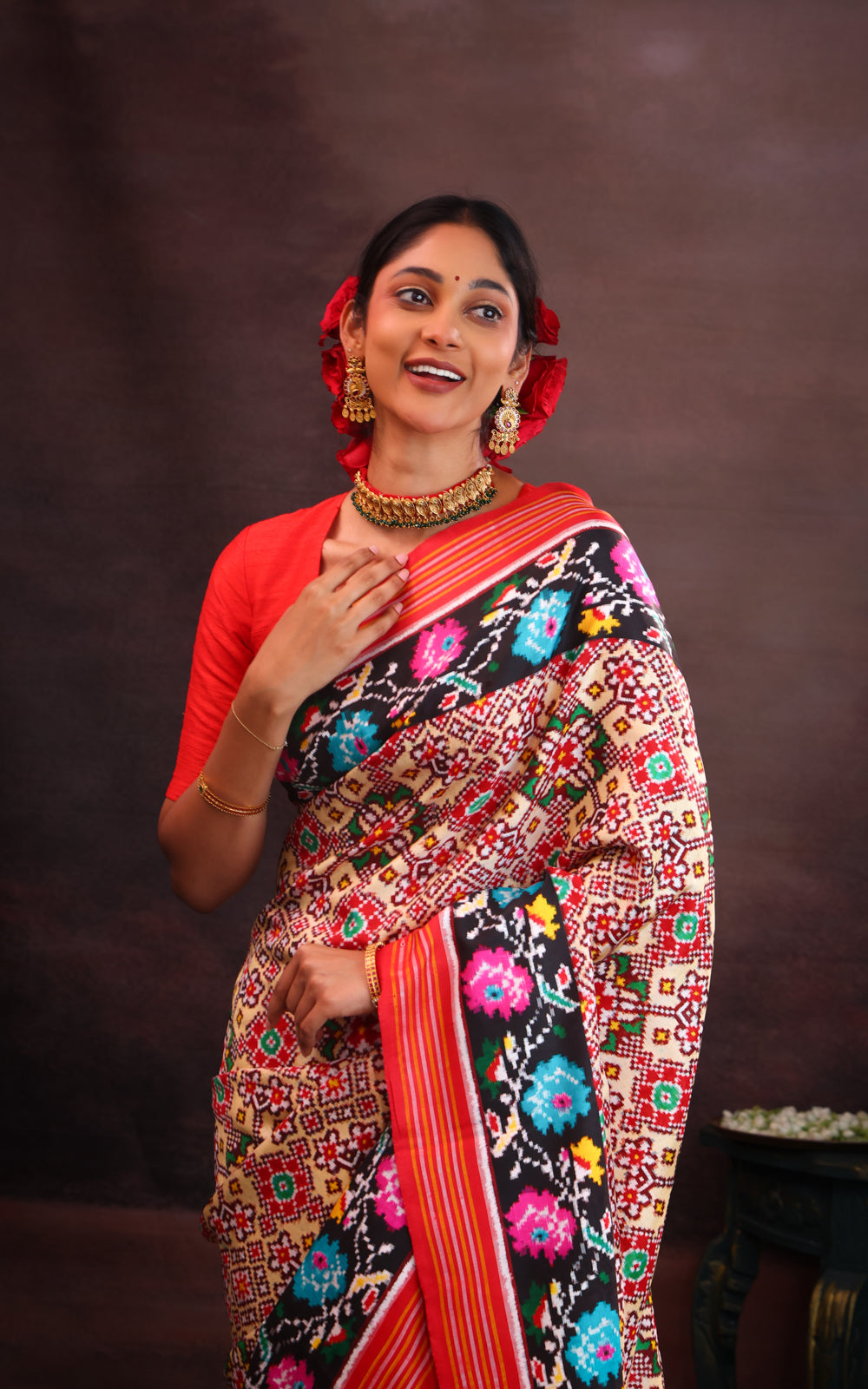 Cream & Red Patan Patola Silk Saree