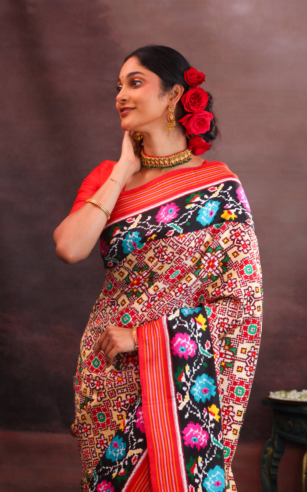 Cream & Red Patan Patola Silk Saree