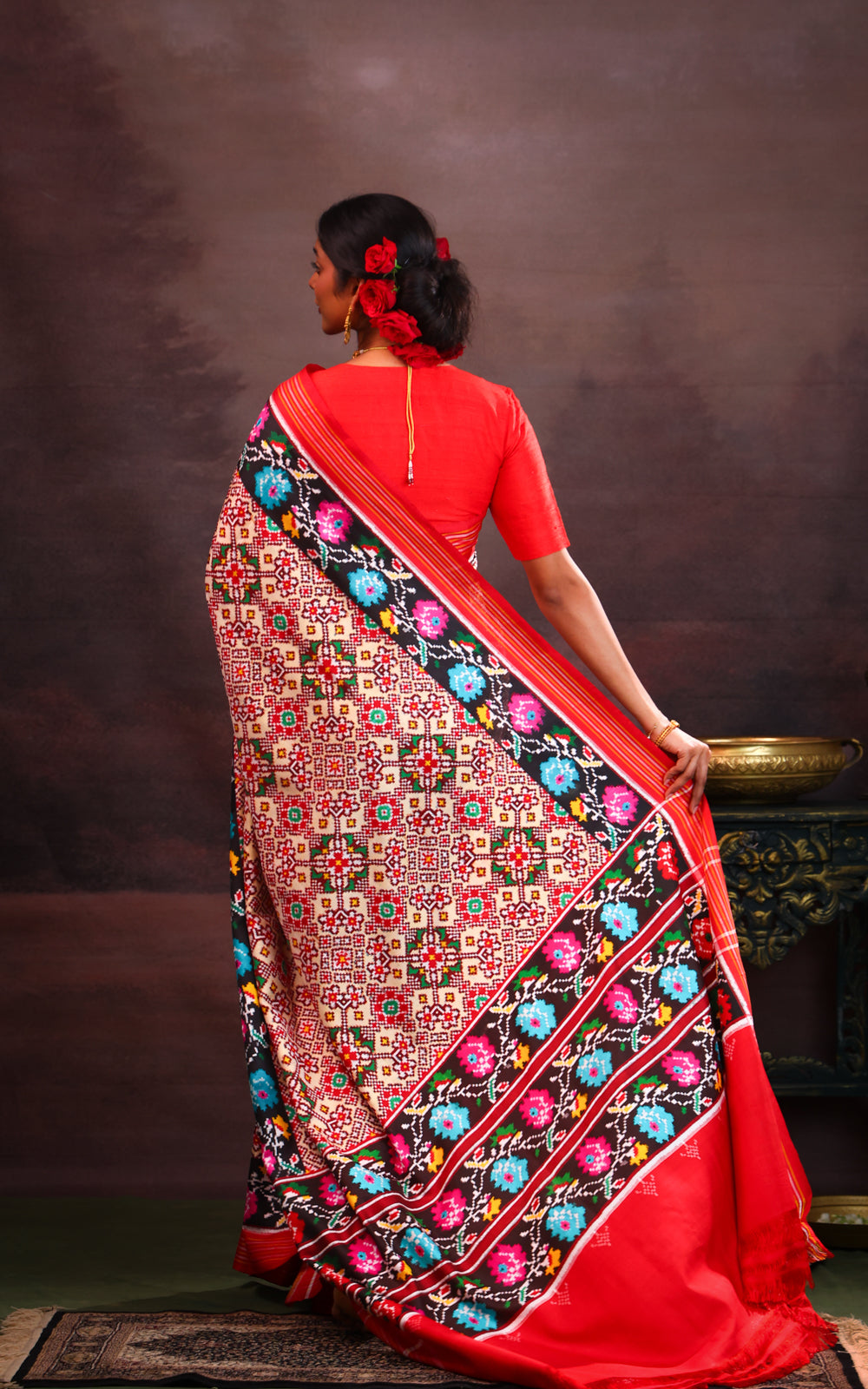 Cream & Red Patan Patola Silk Saree