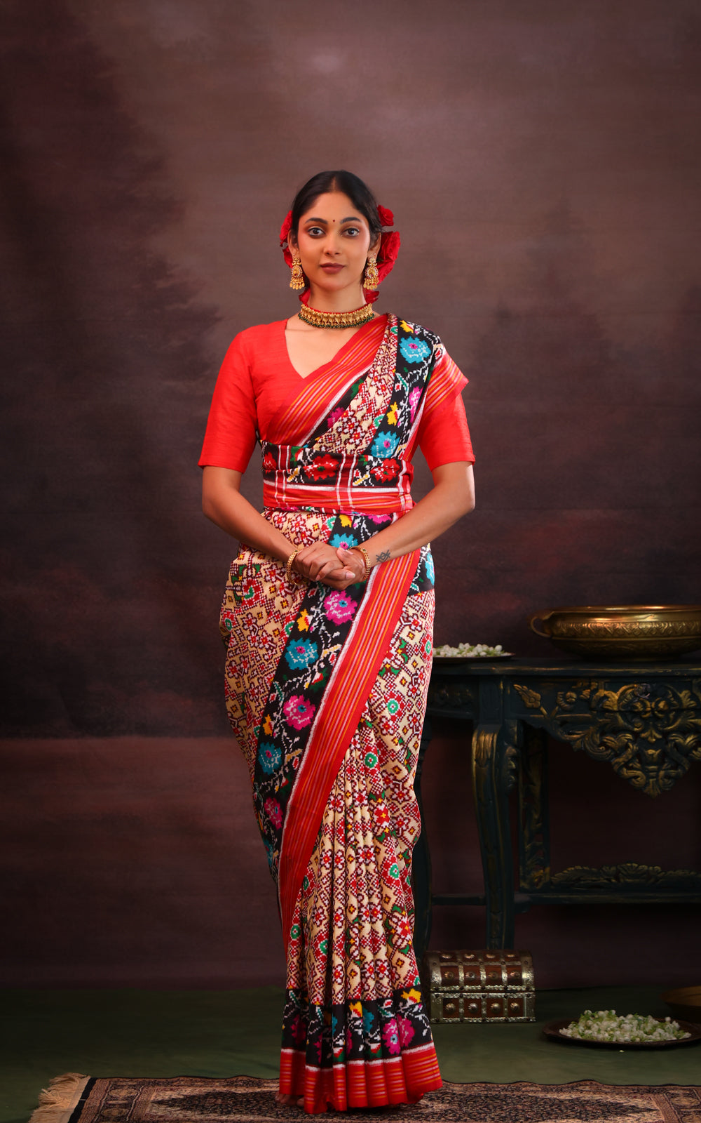 Cream & Red Patan Patola Silk Saree