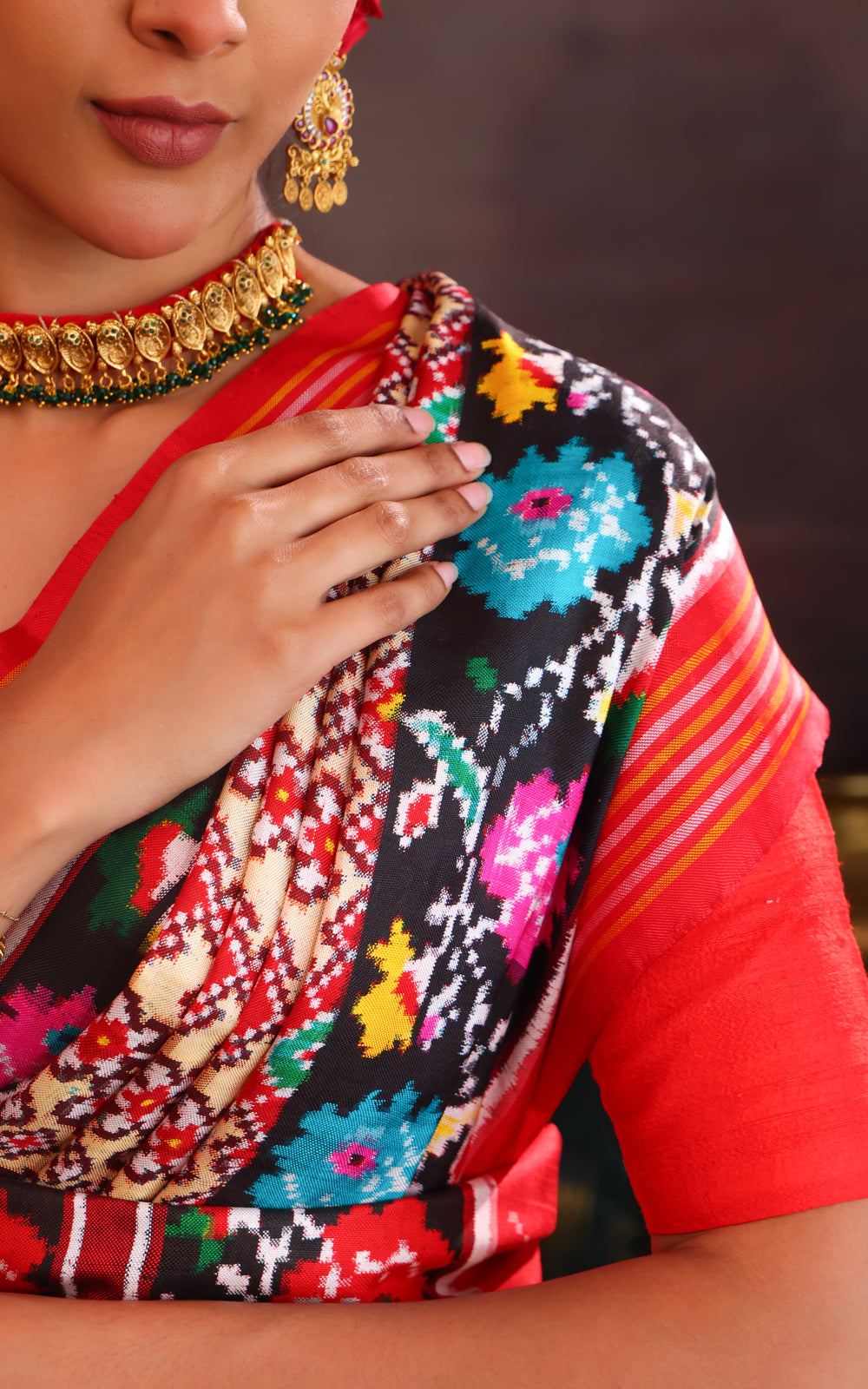 Cream & Red Patan Patola Silk Saree