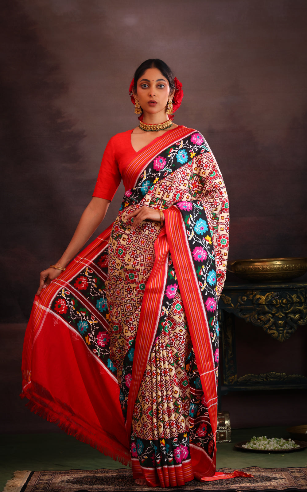 Cream & Red Patan Patola Silk Saree