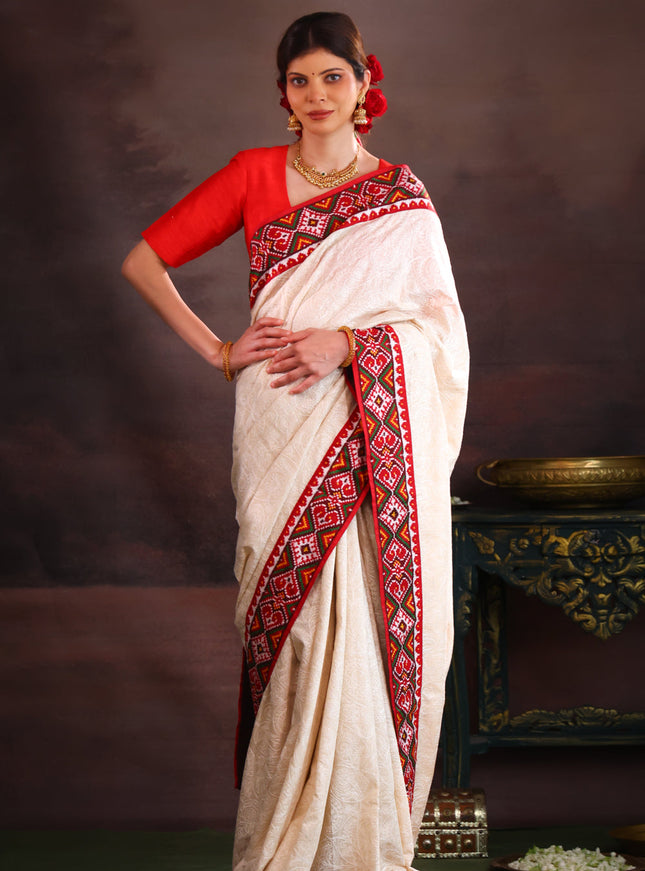 Off White & Maroon Tussar Silk Saree With Allover Chikankari Work