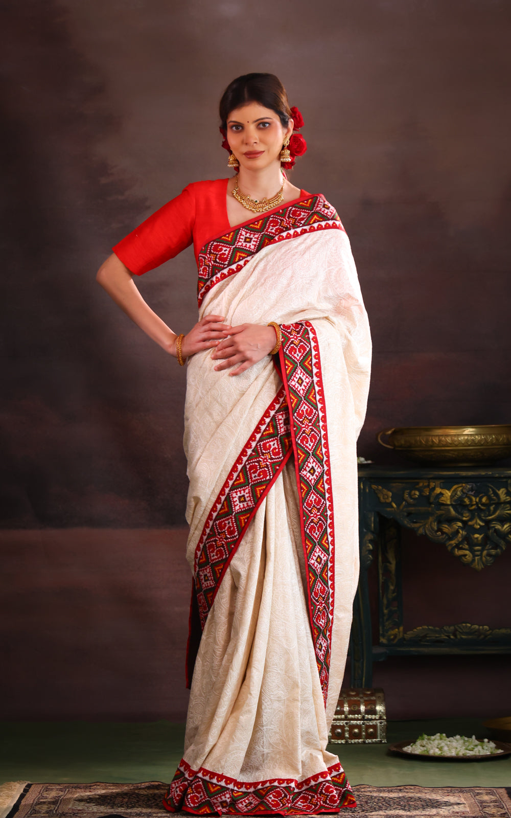 Off White & Maroon Tussar Silk Saree With Allover Chikankari Work