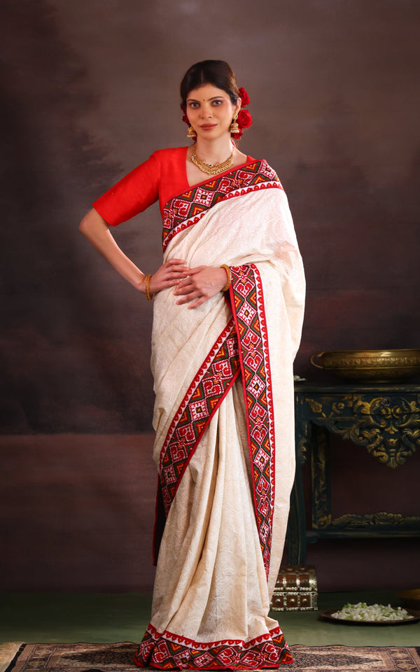 Off White & Maroon Tussar Silk Saree With Allover Chikankari Work