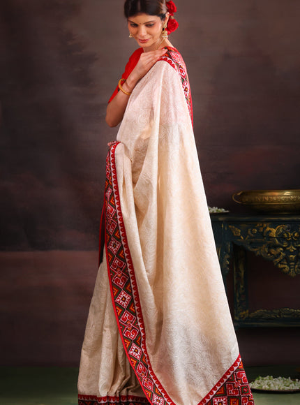 Off White & Maroon Tussar Silk Saree With Allover Chikankari Work