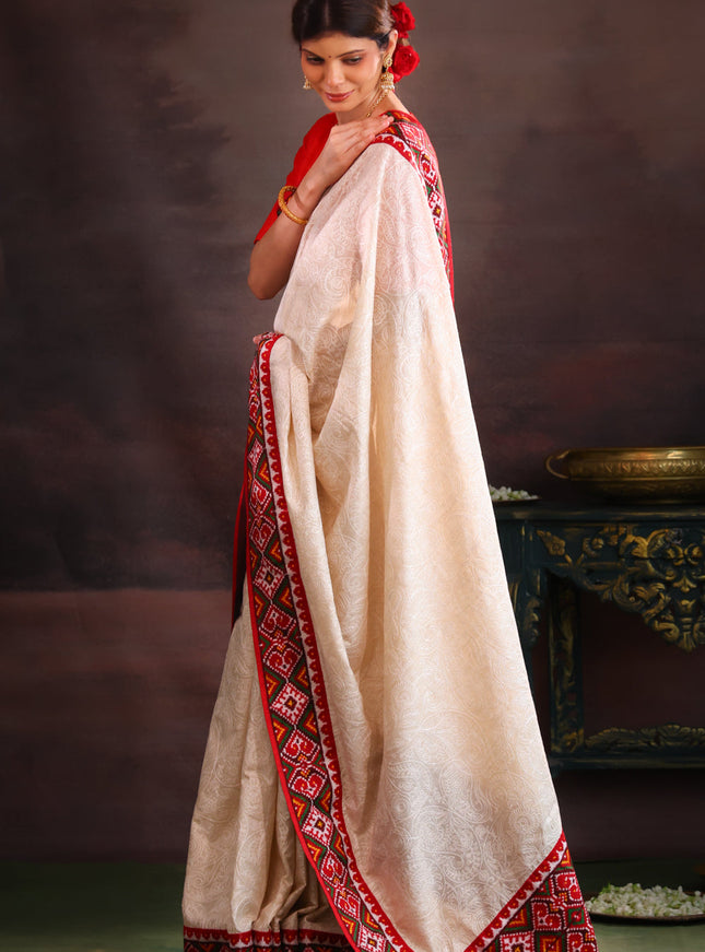 Off White & Maroon Tussar Silk Saree With Allover Chikankari Work