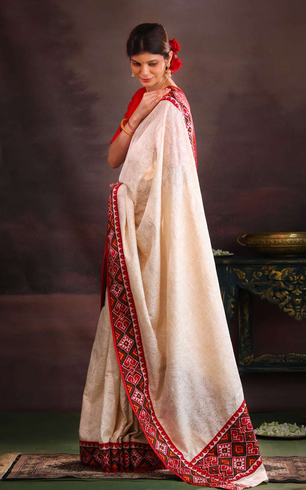Off White & Maroon Tussar Silk Saree With Allover Chikankari Work