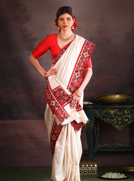 Off White & Maroon Tussar Silk Saree With Allover Chikankari Work