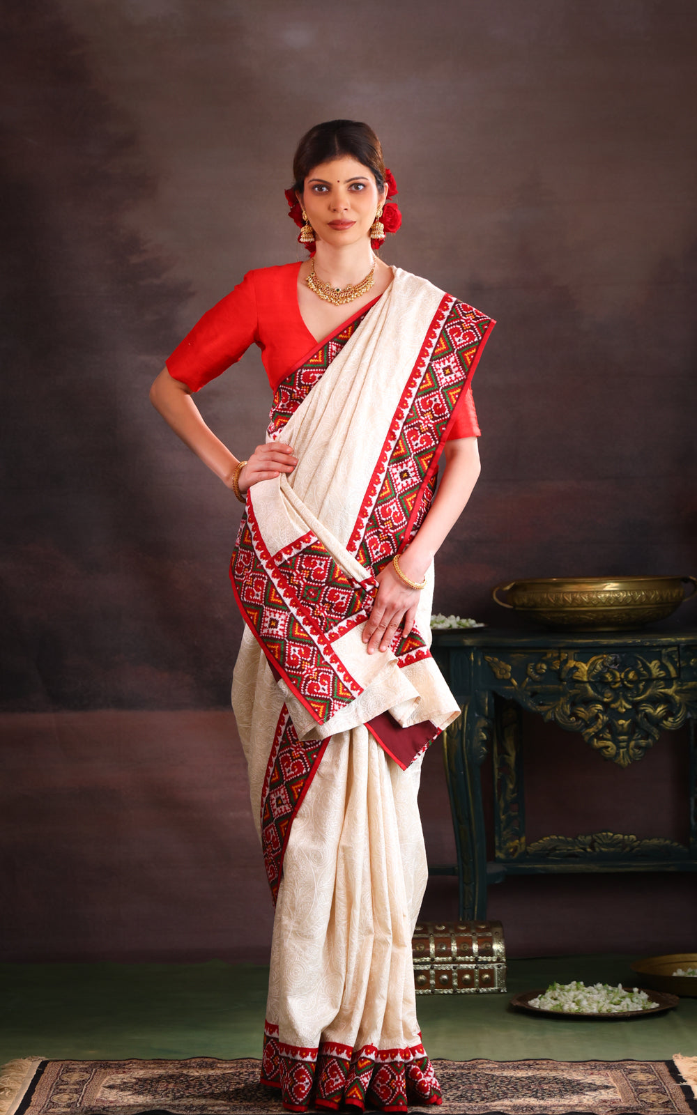 Off White & Maroon Tussar Silk Saree With Allover Chikankari Work