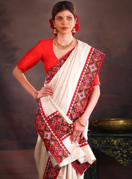 Off White & Maroon Tussar Silk Saree With Allover Chikankari Work