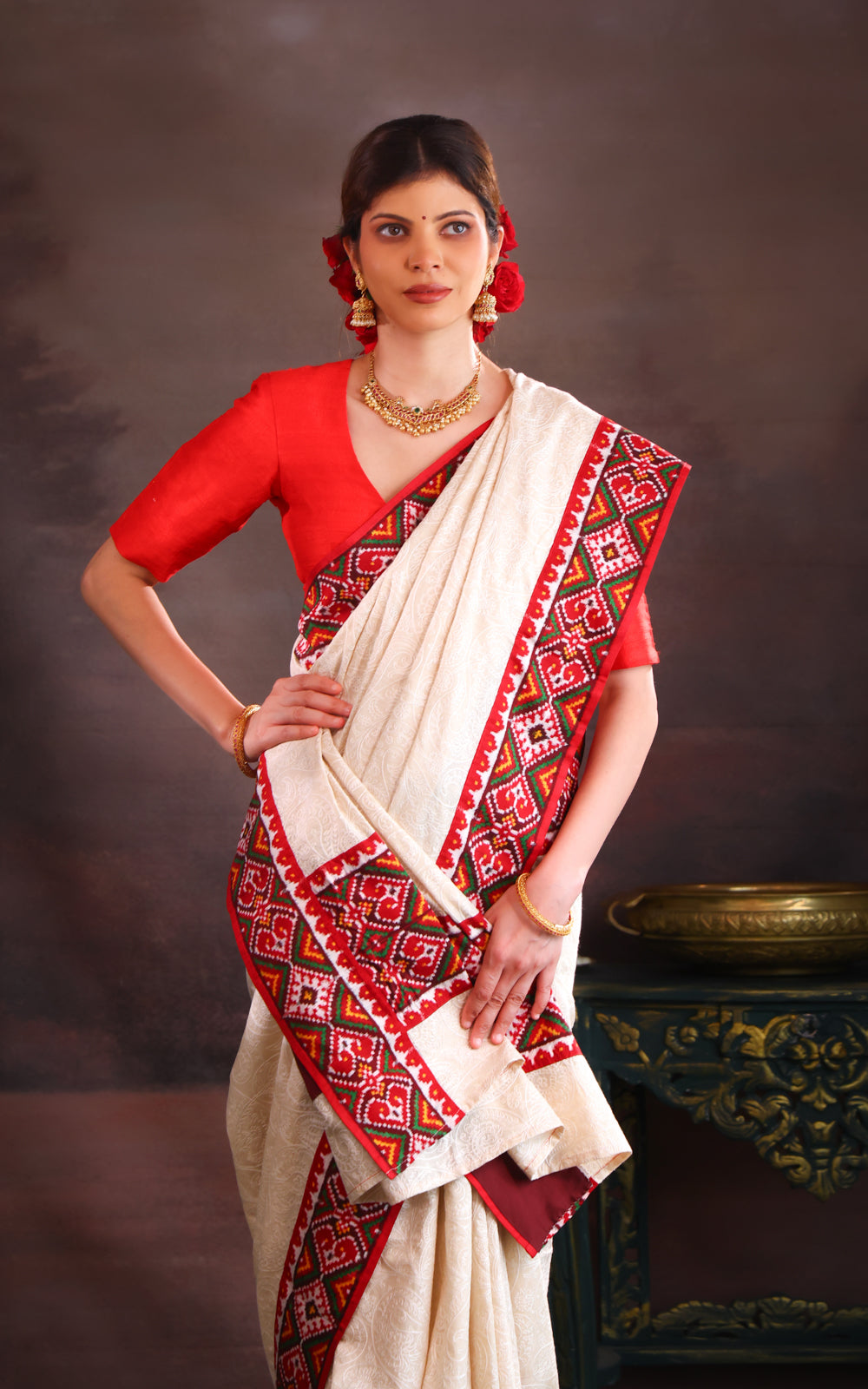 Off White & Maroon Tussar Silk Saree With Allover Chikankari Work