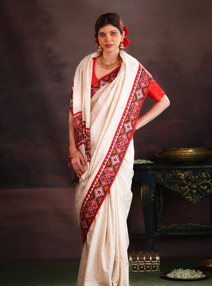 Off White & Maroon Tussar Silk Saree With Allover Chikankari Work