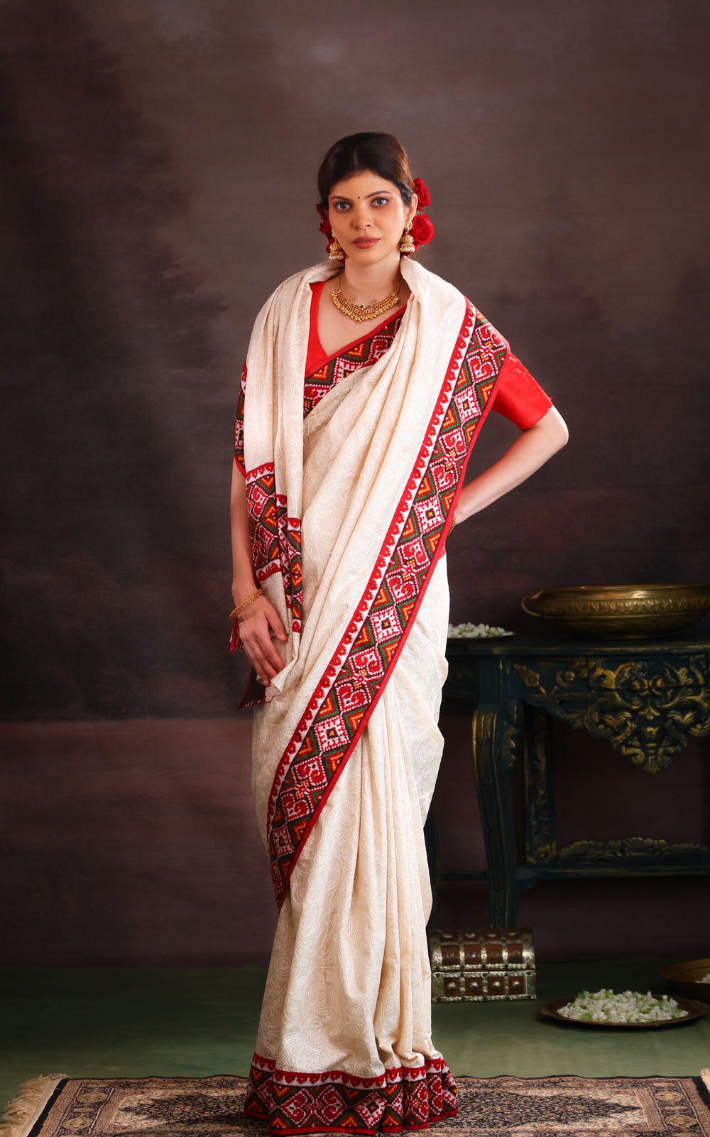 Off White & Maroon Tussar Silk Saree With Allover Chikankari Work