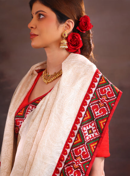Off White & Maroon Tussar Silk Saree With Allover Chikankari Work