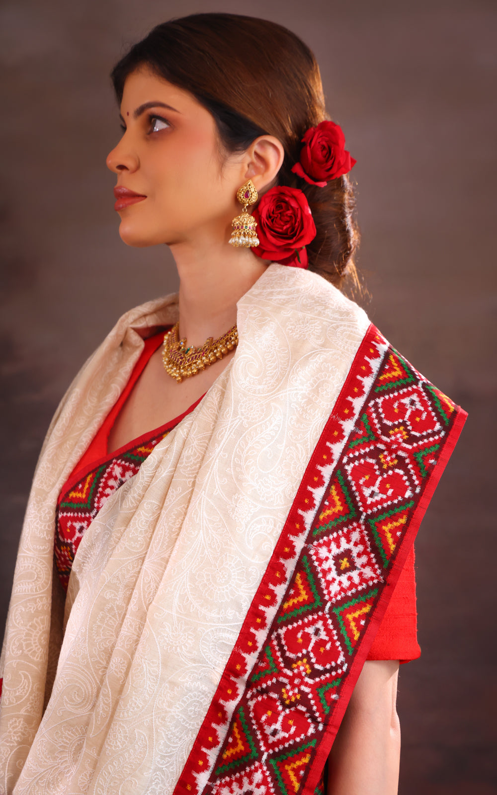 Off White & Maroon Tussar Silk Saree With Allover Chikankari Work