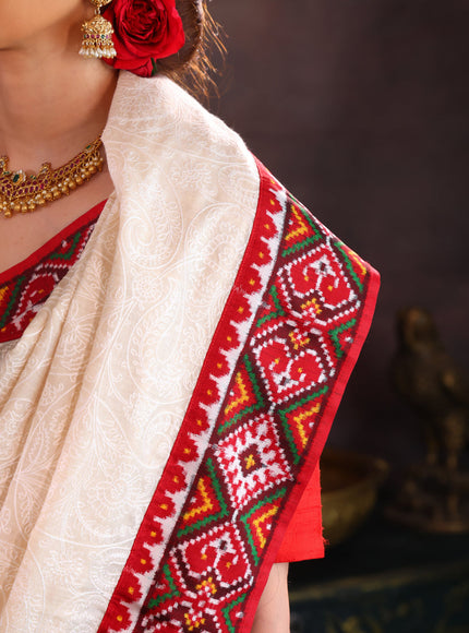 Off White & Maroon Tussar Silk Saree With Allover Chikankari Work