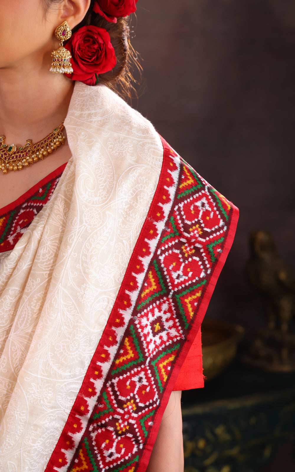 Off White & Maroon Tussar Silk Saree With Allover Chikankari Work