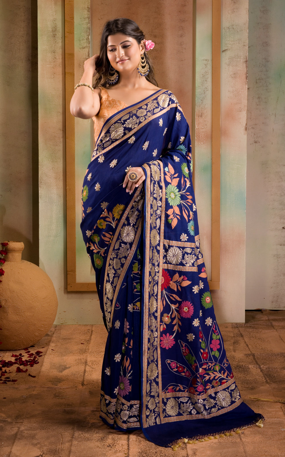 Blue Banarasi Crepe With Kadhua Weaves