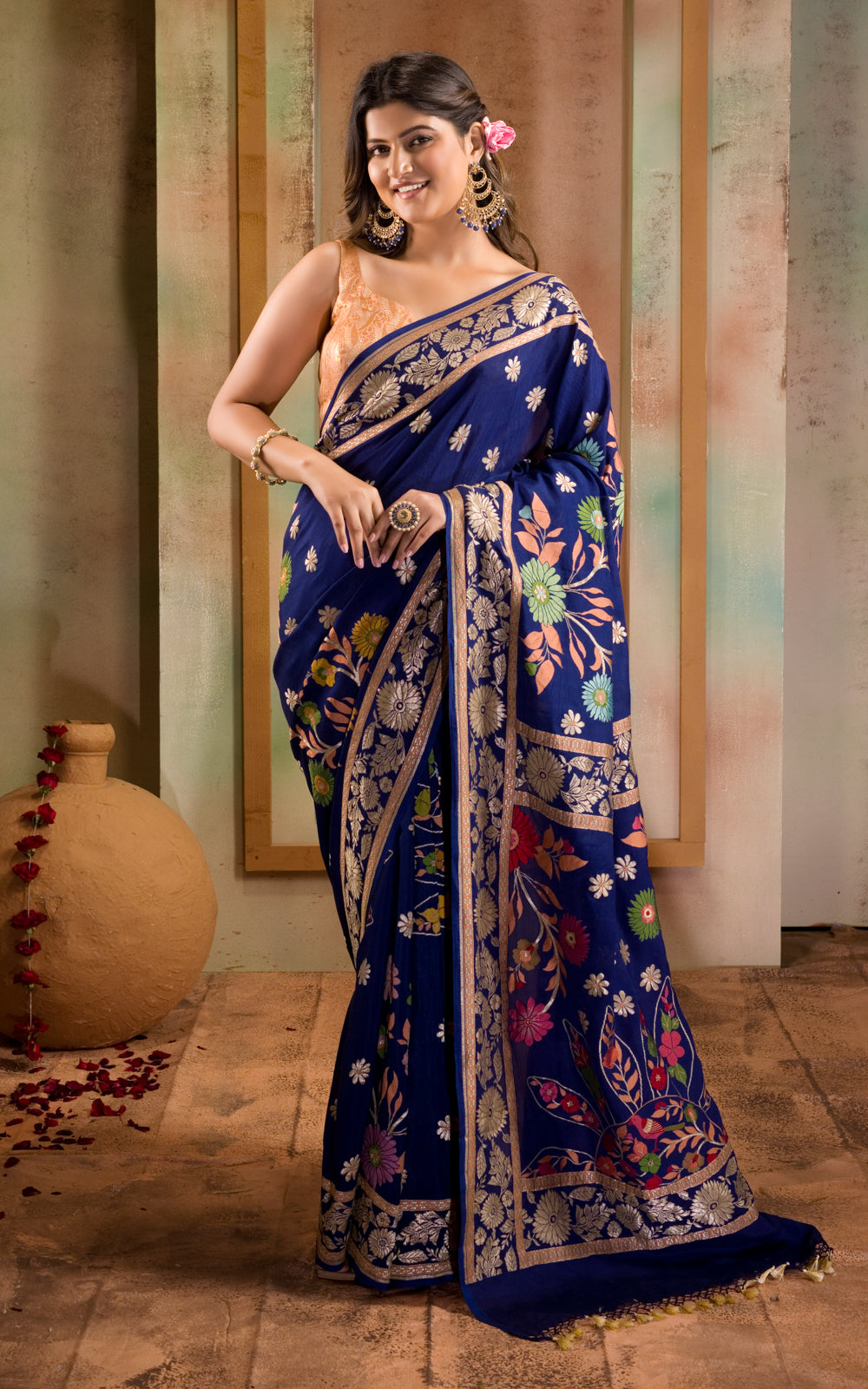 Blue Banarasi Crepe With Kadhua Weaves