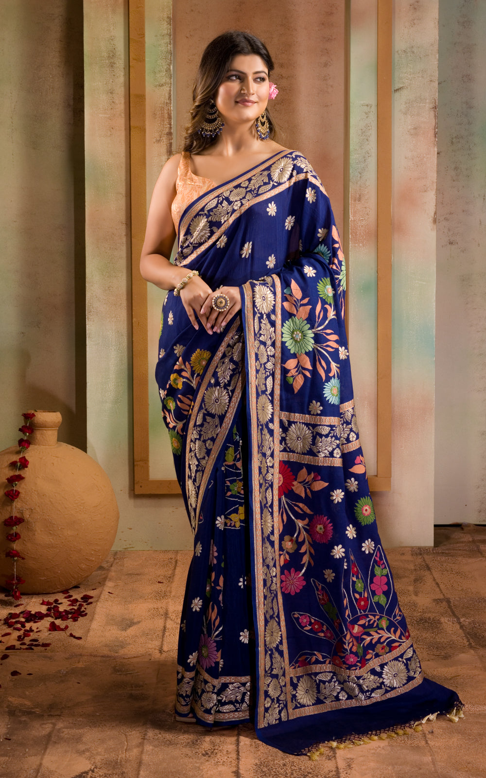 Blue Banarasi Crepe With Kadhua Weaves