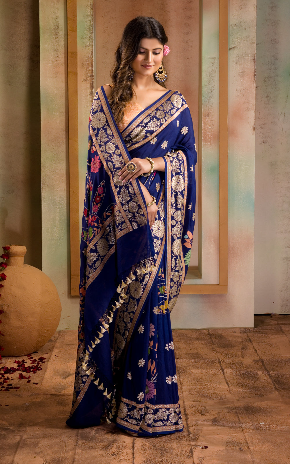 Blue Banarasi Crepe With Kadhua Weaves