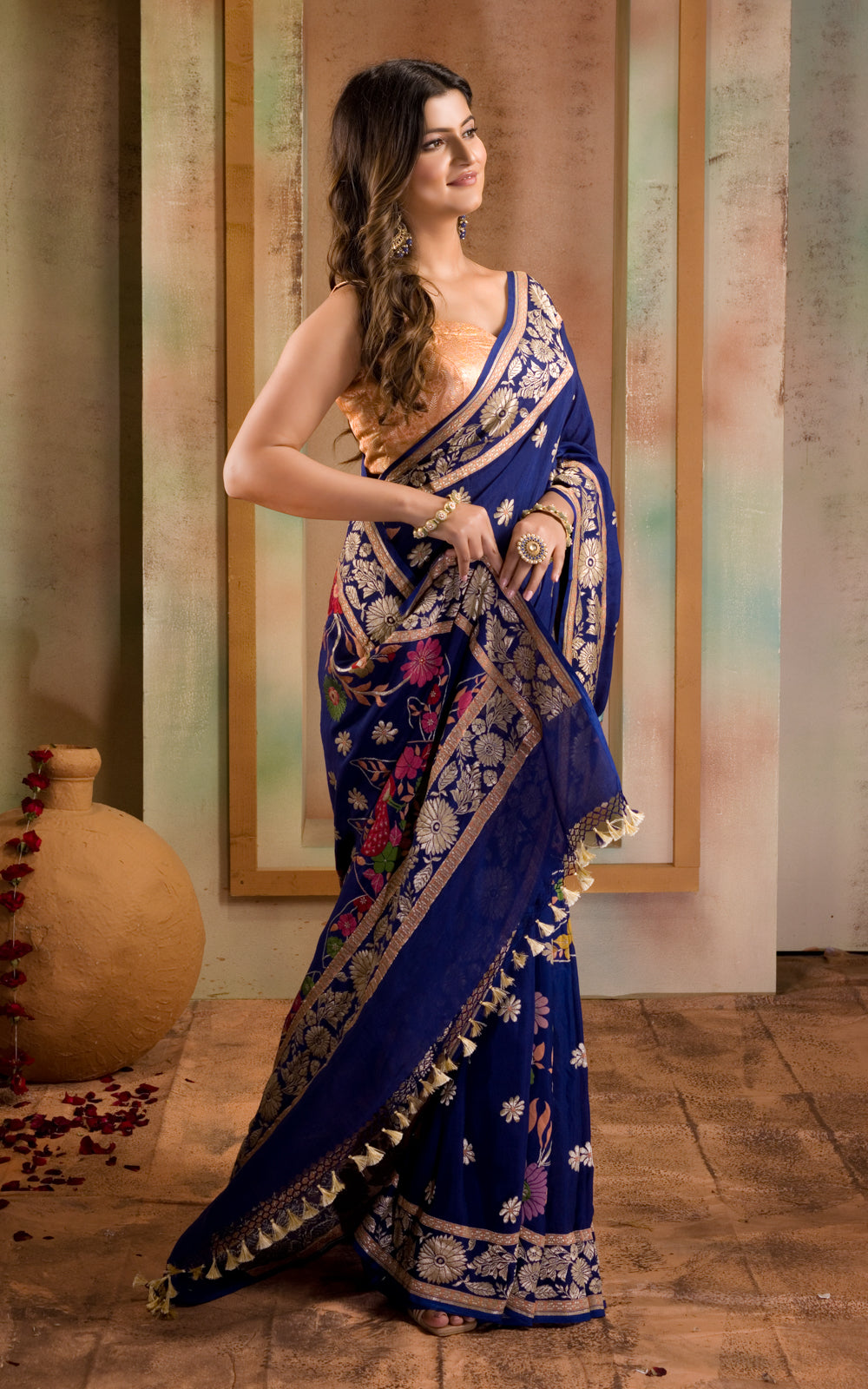 Blue Banarasi Crepe With Kadhua Weaves