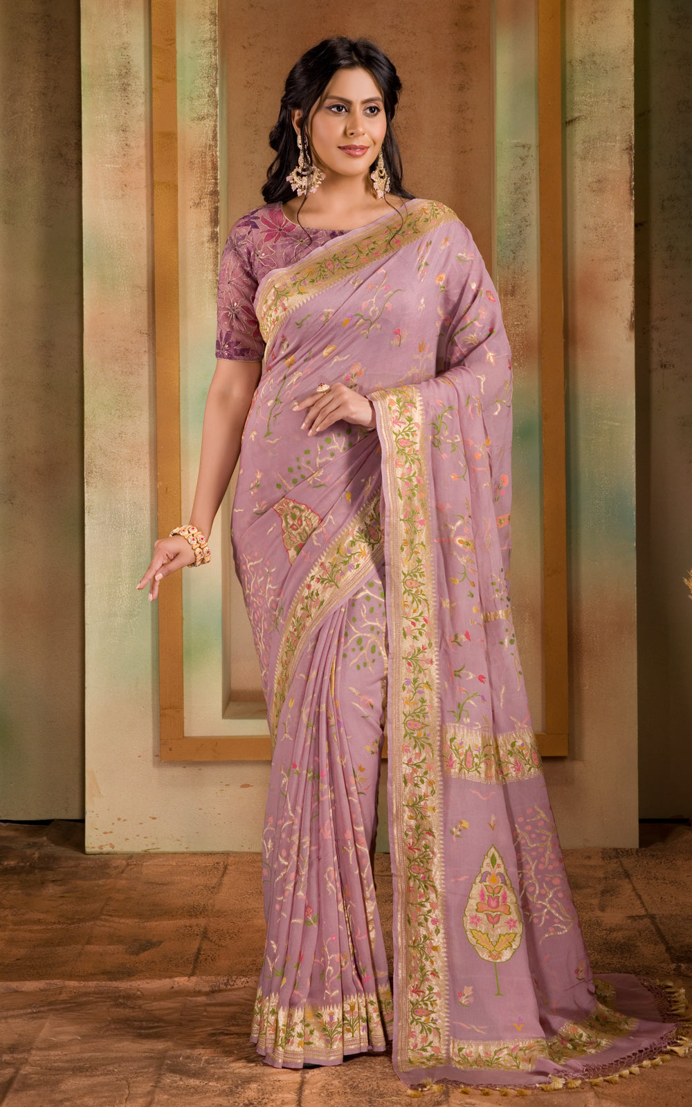 Pastel Pink Banarasi Crepe With Kadhua Weaves